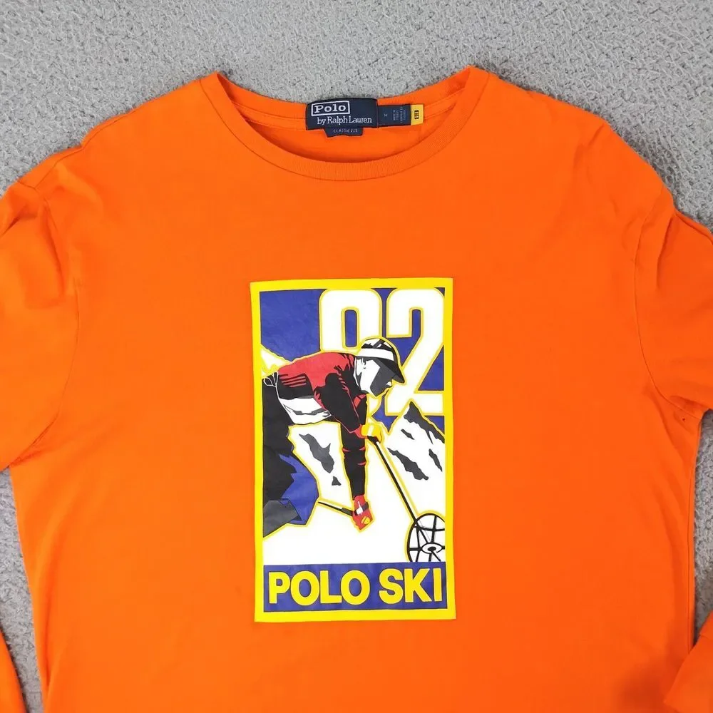 Polo Ralph Lauren Shirt Mens Medium Orange Classic Fit Polo Ski Graphic Tee
